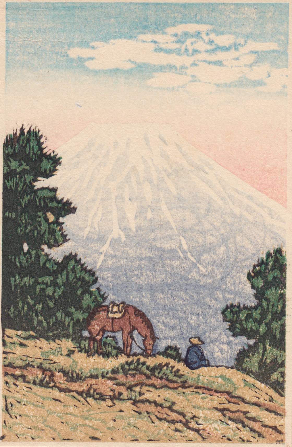 Mount Fuji with man and horse - Kawase Hasui Catalogue woodblock print