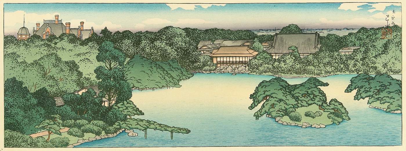Panoramic View of Daisensui Pond - Kawase Hasui Catalogue woodblock print