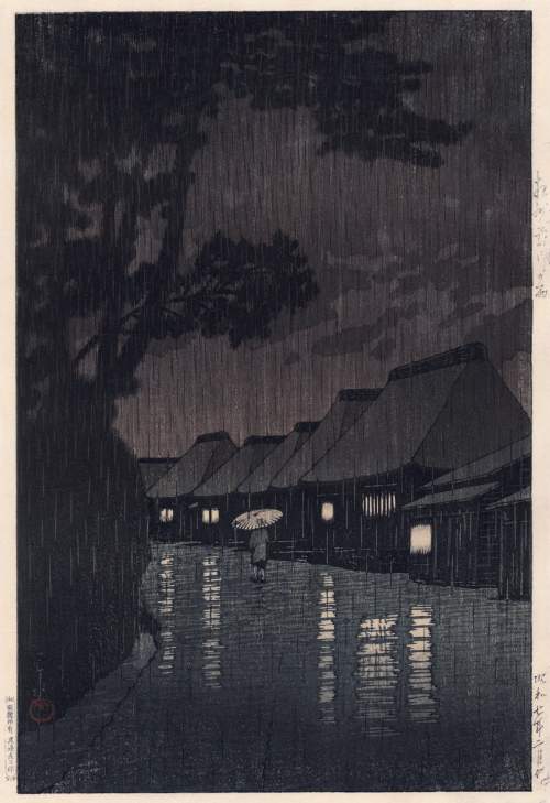 Kawase Hasui - Rain at Maekawa, Sagami Province thumbnail