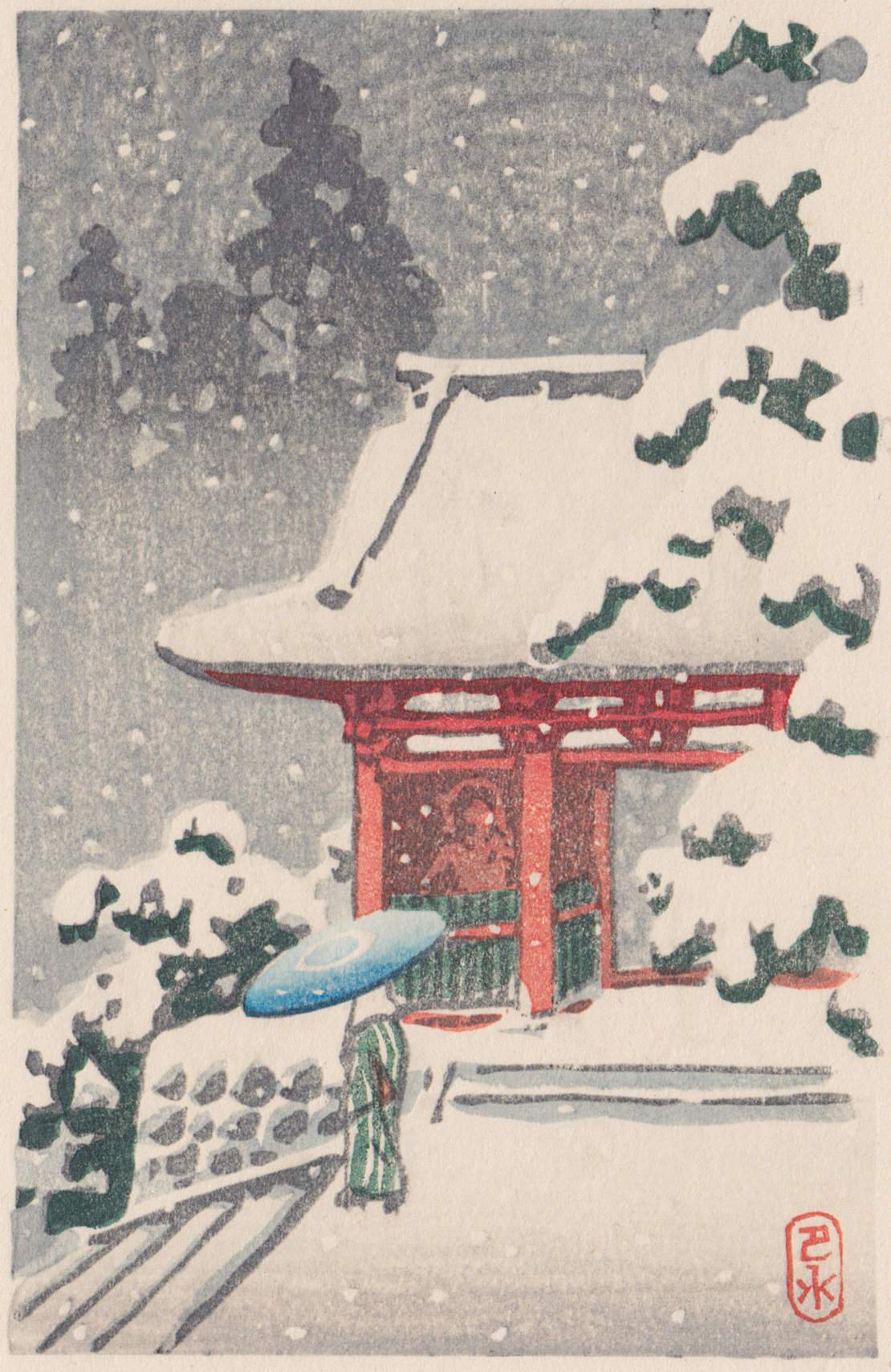 Red-lacquered Temple Gate in Snow (Niomon) - Kawase Hasui Catalogue woodblock print