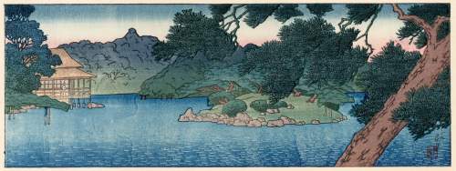 Kawase Hasui - Ryotei Tea House in the Pines on Pond's Edge thumbnail