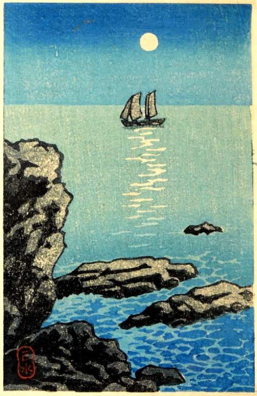 Kawase Hasui - Sailboat in Moonlight thumbnail