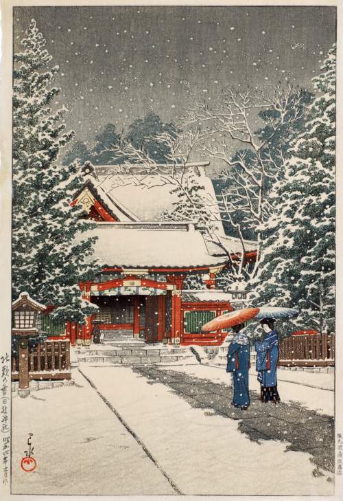 Kawase Hasui - Snow at Hiei Shrine thumbnail
