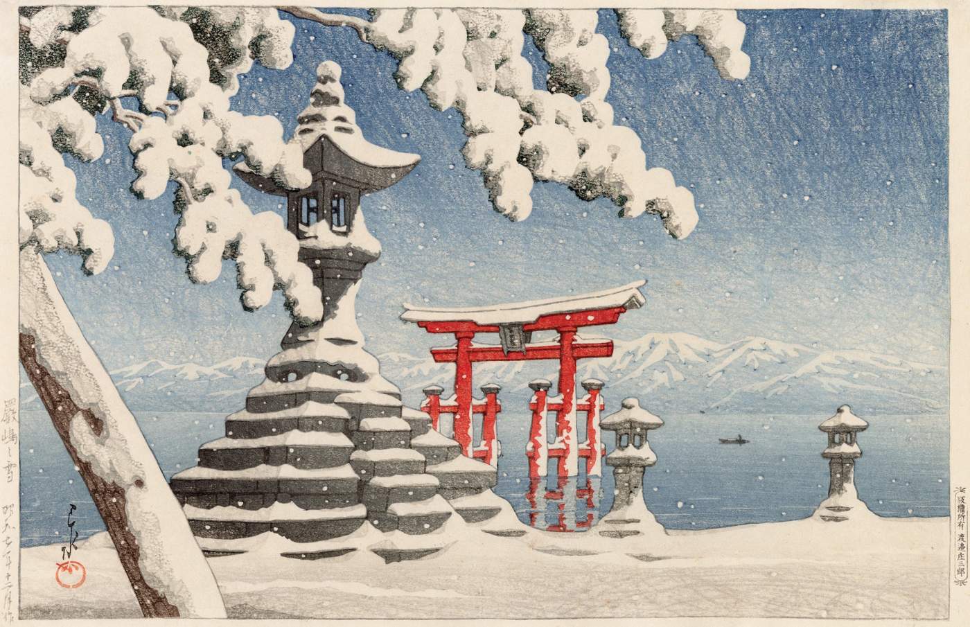 Snow at Itsukushima - Kawase Hasui Catalogue woodblock print
