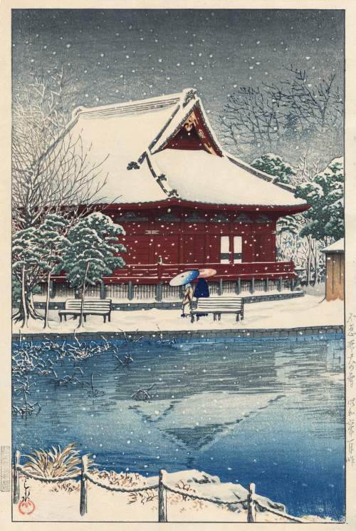 Kawase Hasui - Snow at Shinobazu Benten Shrine thumbnail