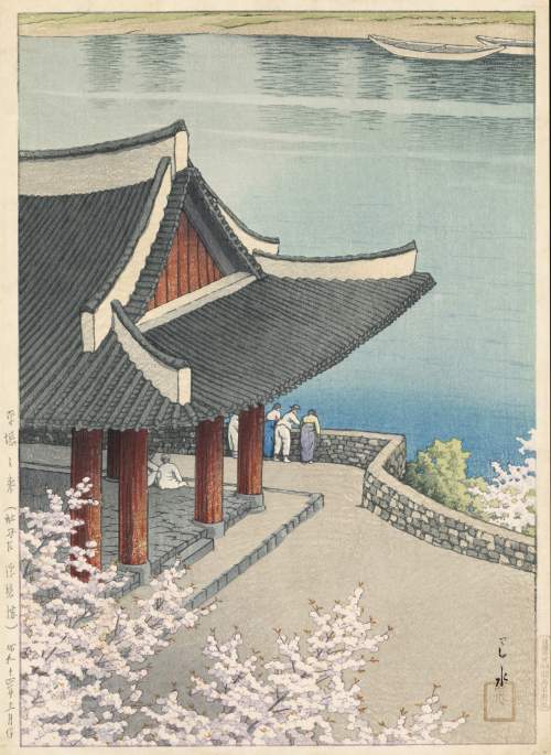Kawase Hasui - Spring at Pyongyang, Pubyok Pavilion on the Moranbong Hill thumbnail