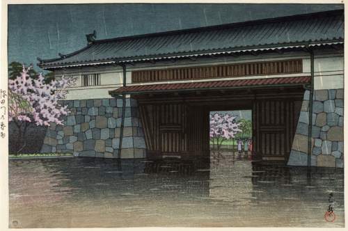 Kawase Hasui - Spring Rain At Sakurada Gate thumbnail