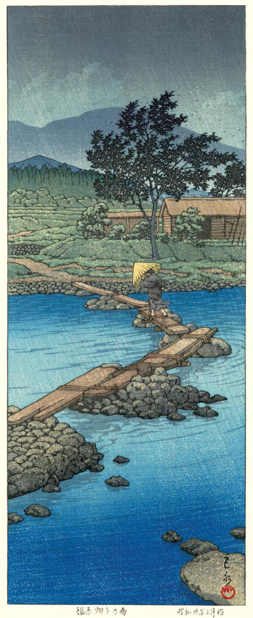 Sudden Rain at Shiobara Hataori - Kawase Hasui Catalogue woodblock print