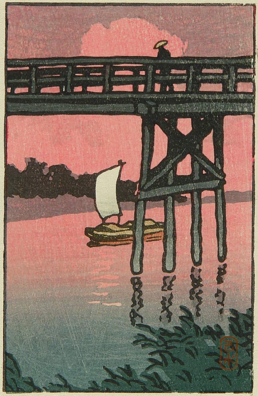 Sunset at Imaibashi Bridge - Kawase Hasui Catalogue woodblock print