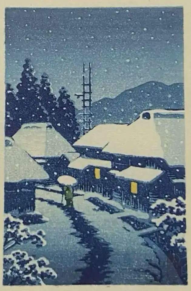 Terajima in Snow [Mirror] - Kawase Hasui Catalogue woodblock print