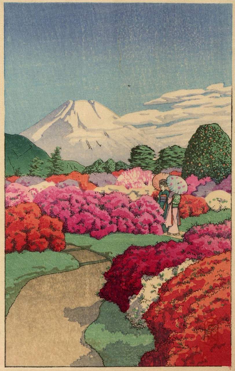 Two Young Women Strolling in the
Azalea Garden - Kawase Hasui Catalogue woodblock print