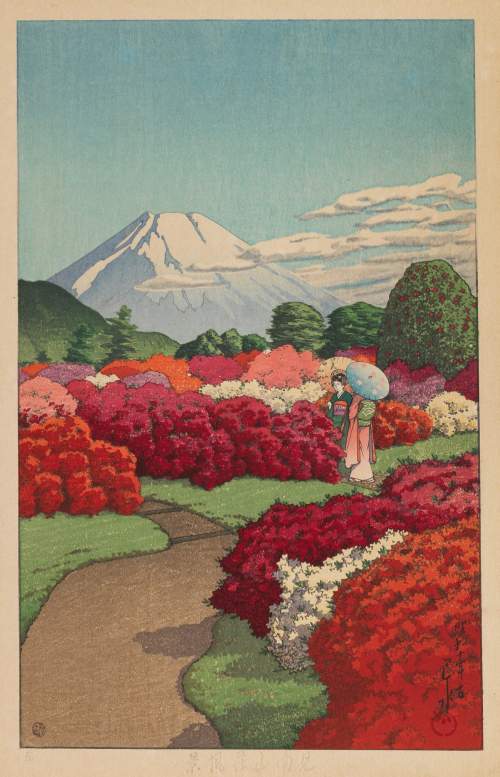 Kawase Hasui - Two Young Women Strolling in the
Azalea Garden thumbnail
