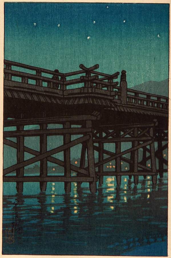 Uji Bridge on a Starry Night - Kawase Hasui Catalogue woodblock print