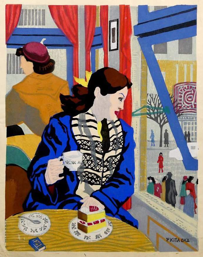 [Cafe Window] - Kitaoka Fumio Catalogue woodblock print