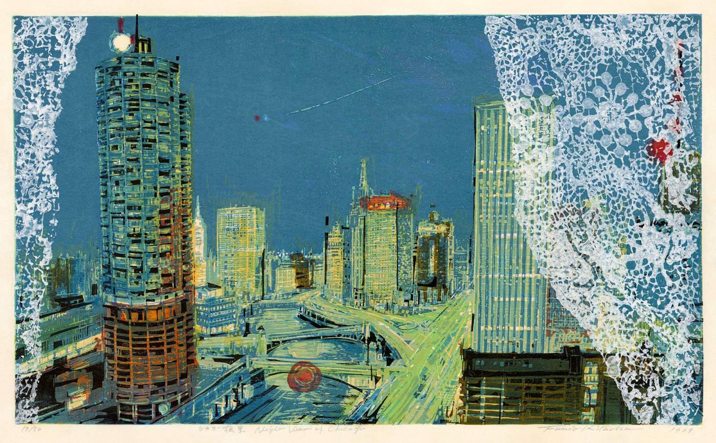Chicago Skyline at Night - Kitaoka Fumio Catalogue woodblock print
