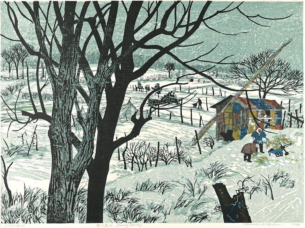 Farm Village in Winter - Kitaoka Fumio Catalogue woodblock print