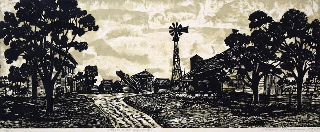 Farm with Windmill - Kitaoka Fumio Catalogue woodblock print