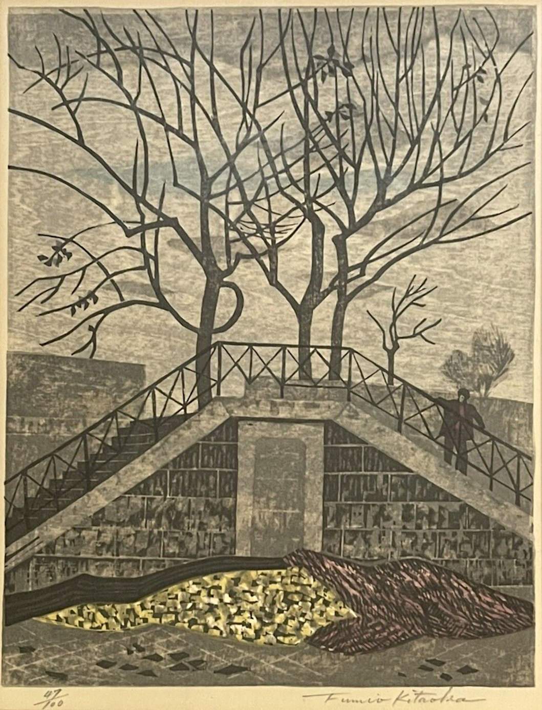 [Figure on Stairs] - Kitaoka Fumio Catalogue woodblock print