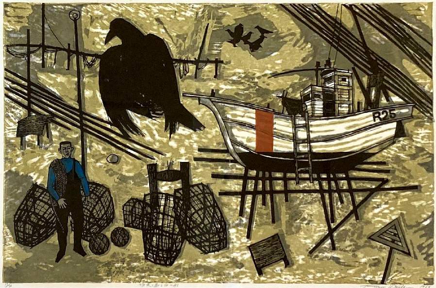 A Fisherman, a Bird, and a White Ship - Kitaoka Fumio Catalogue woodblock print