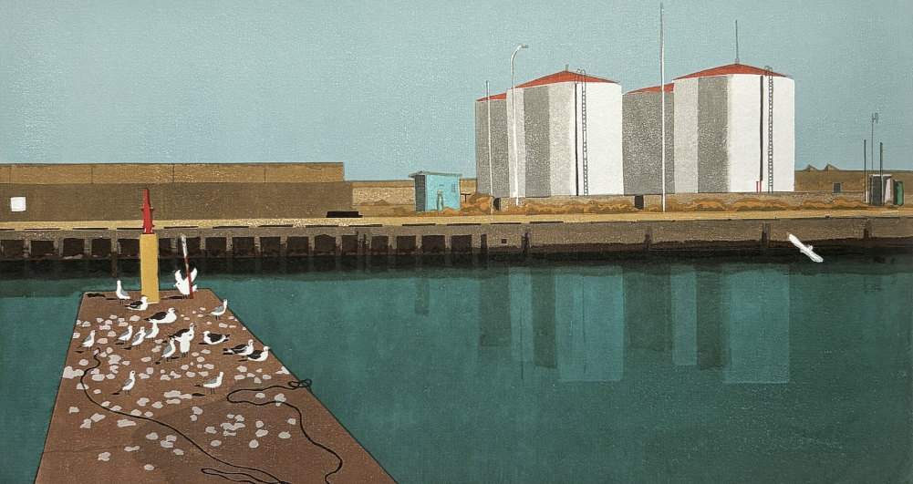 Fishing Port and Oil Tanks - Kitaoka Fumio Catalogue woodblock print