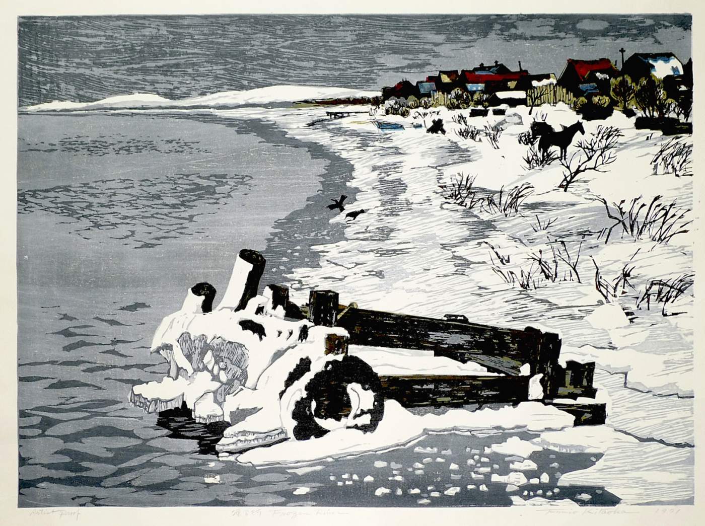 Frozen River [Hokkaido] - Kitaoka Fumio Catalogue woodblock print