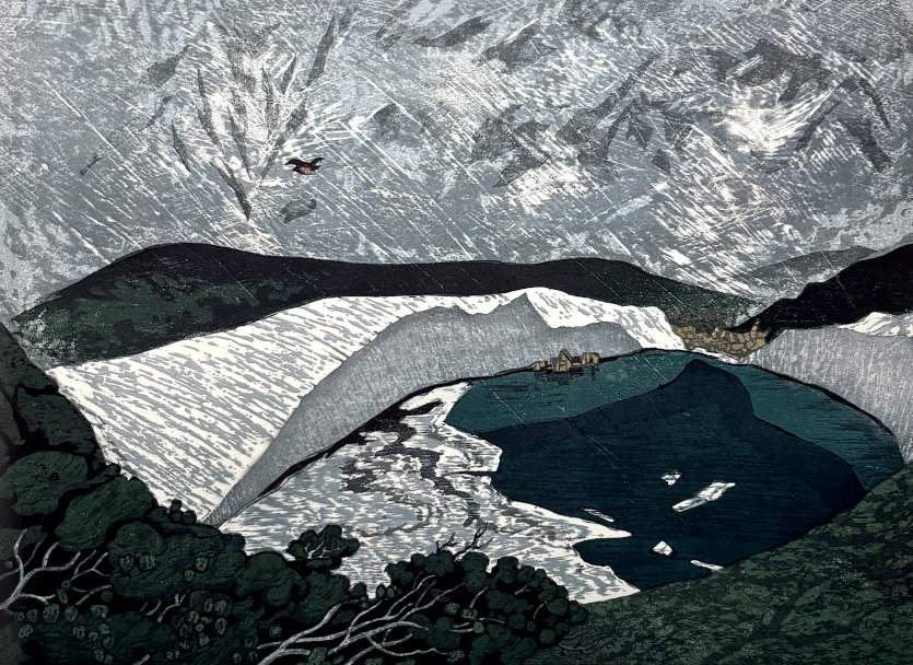 Mikuri Lake in Snow - Kitaoka Fumio Catalogue woodblock print