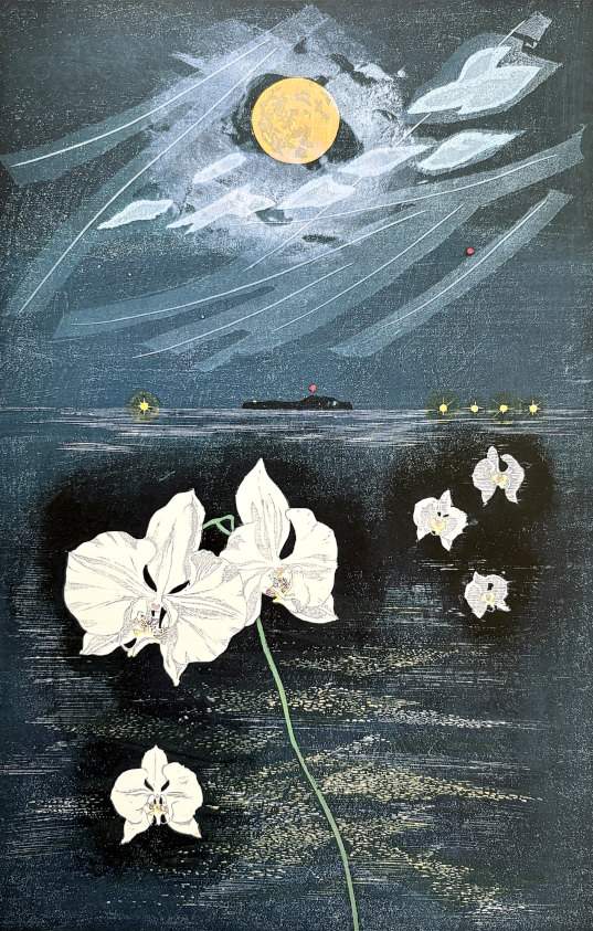 Moth Orchids in Moonlight - Kitaoka Fumio Catalogue woodblock print