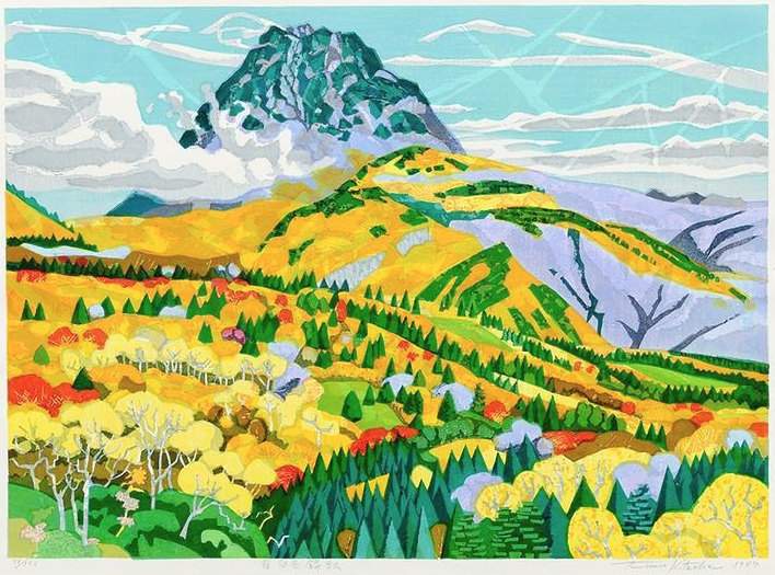 Mount Rausu in Autumn - Kitaoka Fumio Catalogue woodblock print