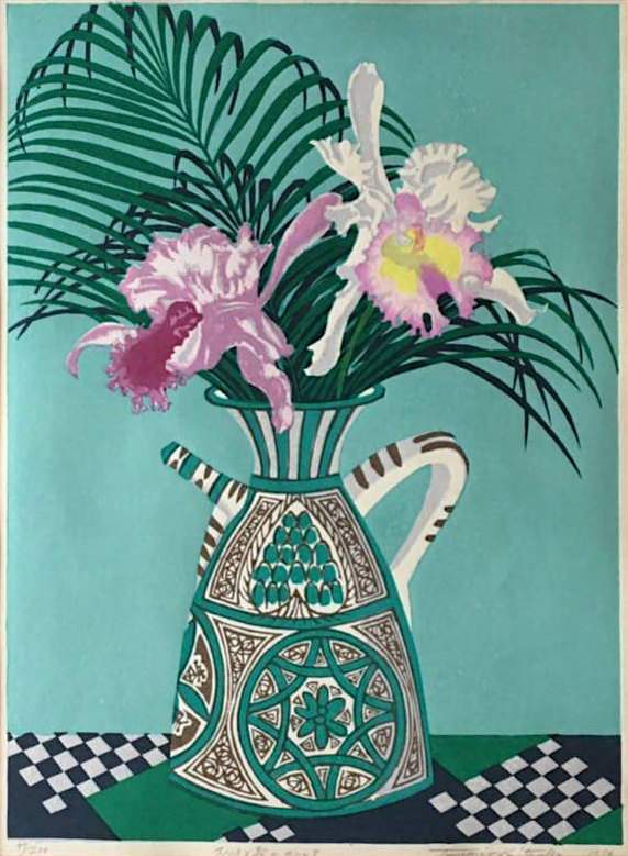Orchids and Spanish Vase - Kitaoka Fumio Catalogue woodblock print