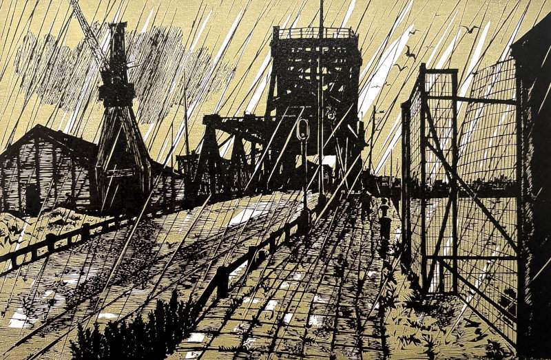 Railway Bridge in Rain - Kitaoka Fumio Catalogue woodblock print