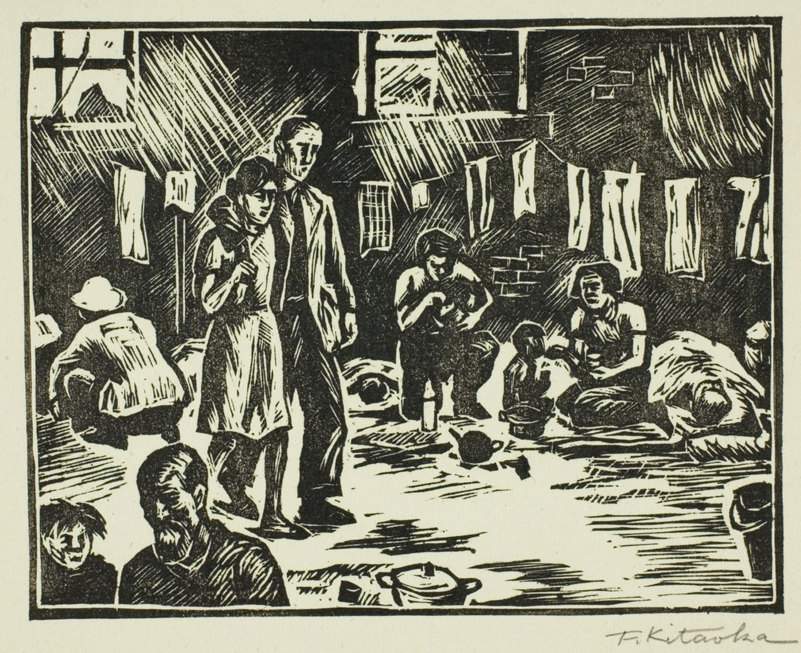 Refugees at Camp - Kitaoka Fumio Catalogue woodblock print