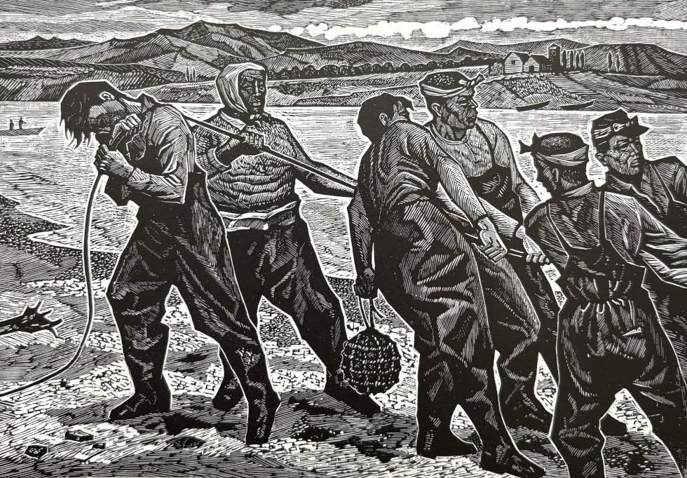 Salmon Fishing - Kitaoka Fumio Catalogue woodblock print