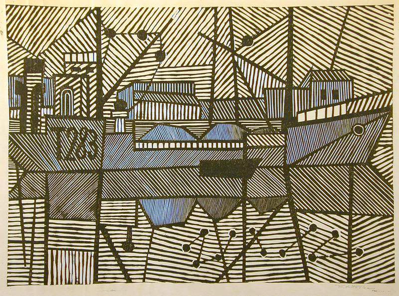 Ships at Rest - Kitaoka Fumio Catalogue woodblock print