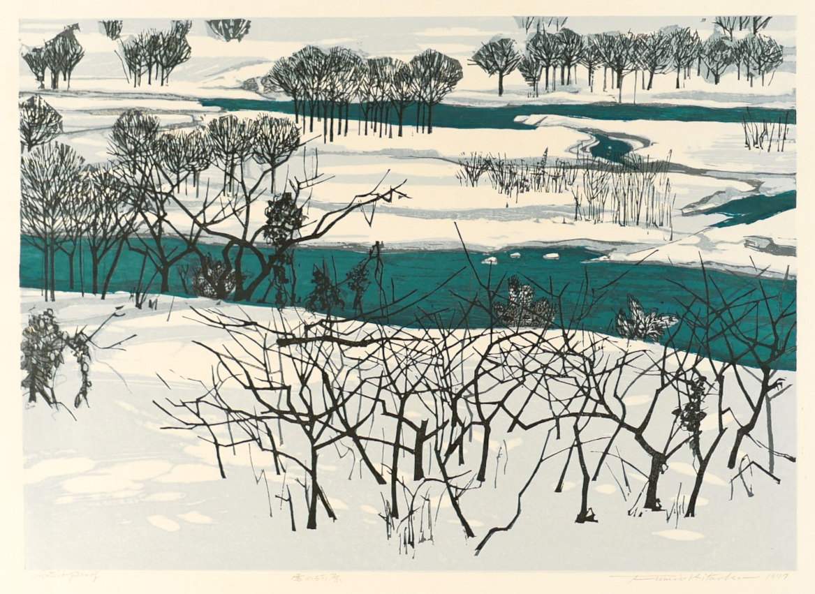 Snow on the Riverbank - Kitaoka Fumio Catalogue woodblock print