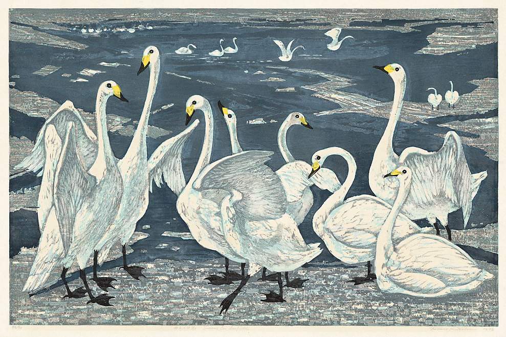 Swans on Ice - Kitaoka Fumio Catalogue woodblock print