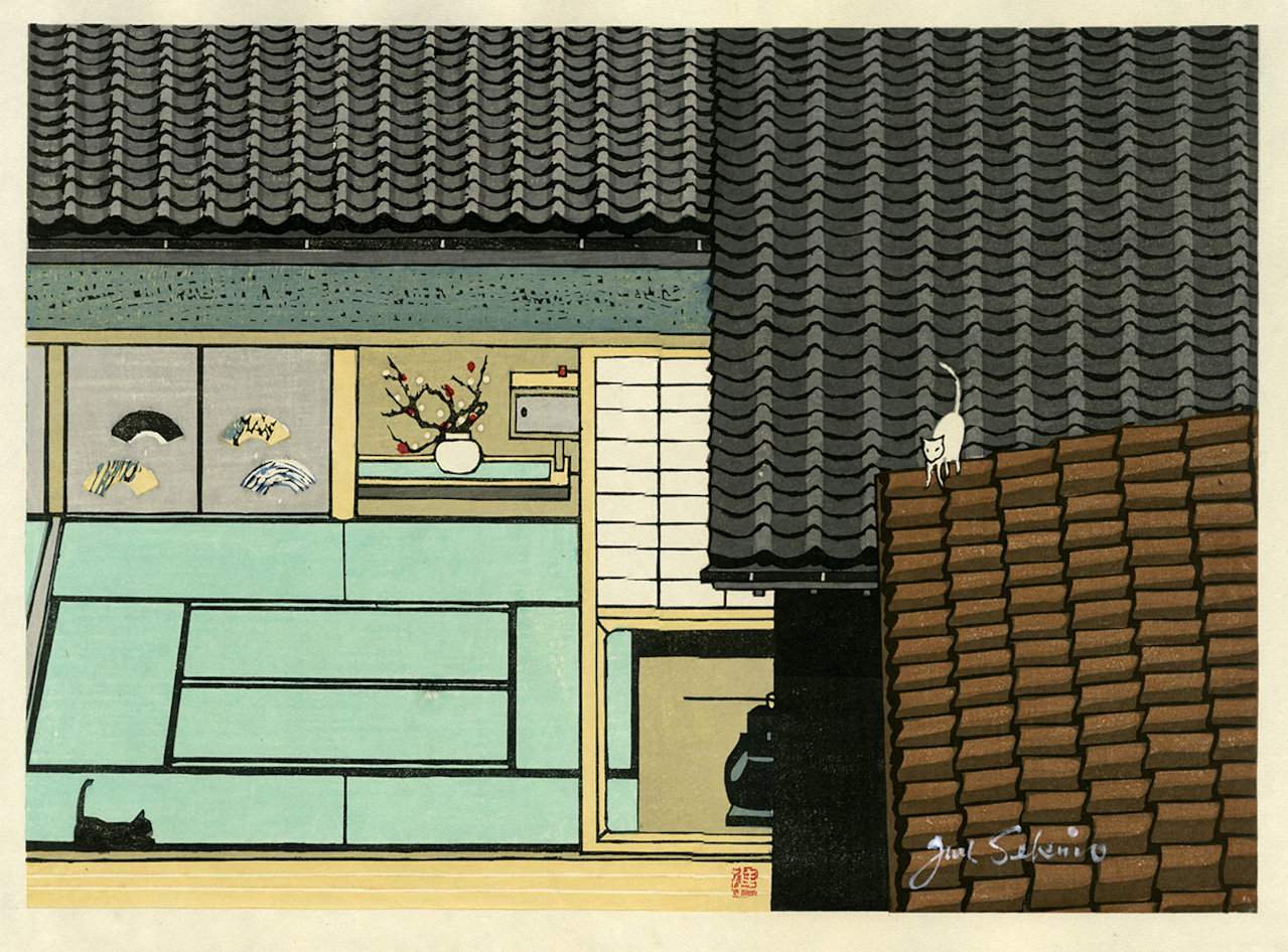 Akasaka, Lovesick Cats (Tokaido station 36) - Sekino Jun'ichiro  Catalogue woodblock print