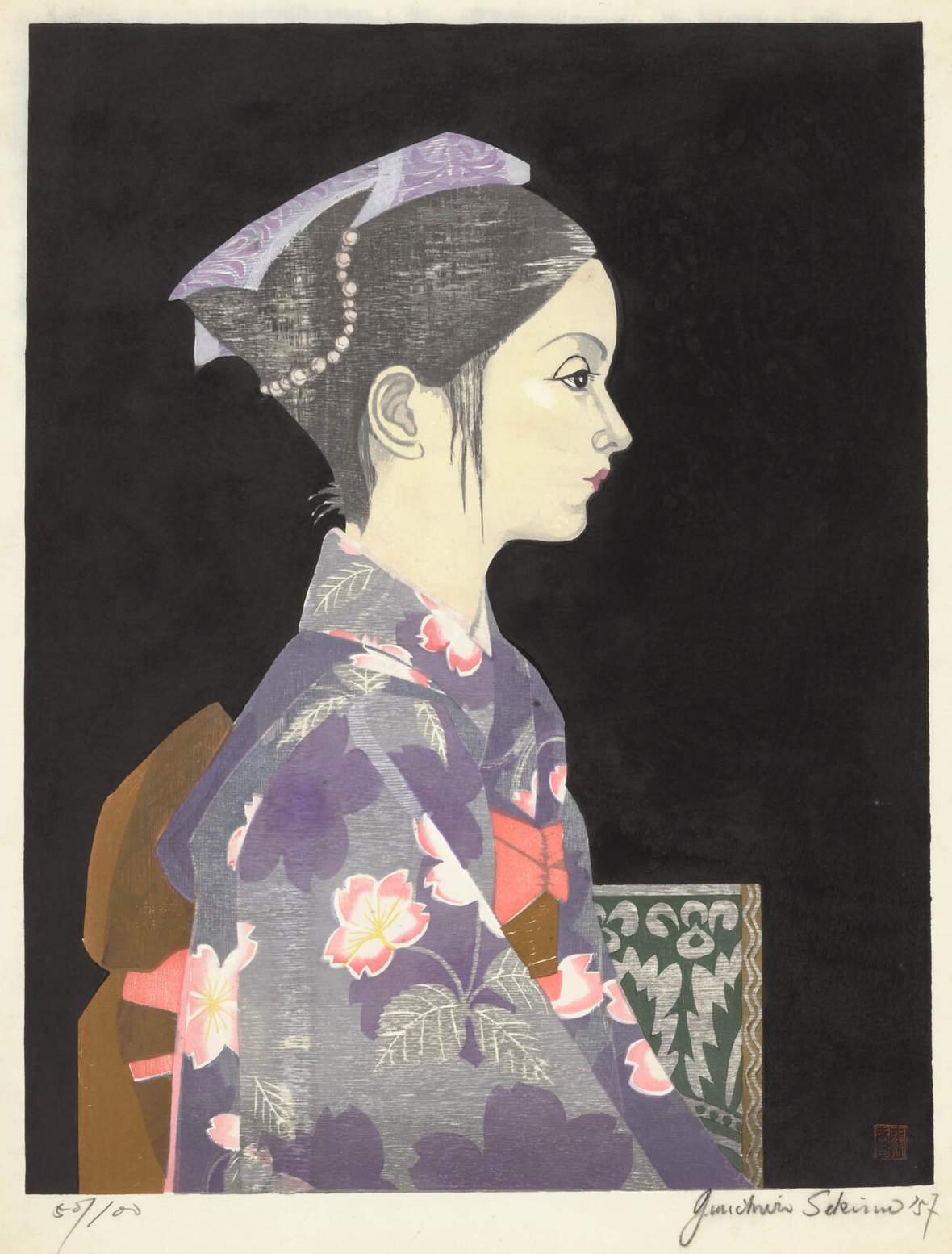 Ayuko [11yo] in Her First Kimono (Purple) - Sekino Jun'ichiro  Catalogue woodblock print