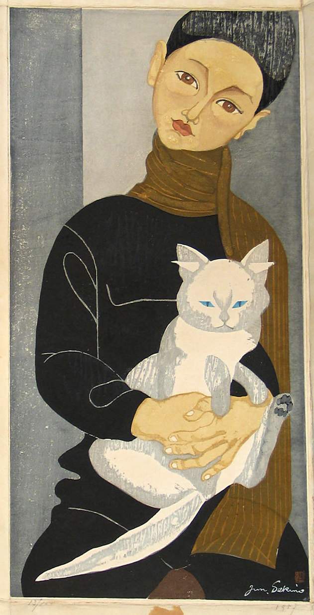 Boy and Cat - Sekino Jun'ichiro  Catalogue woodblock print