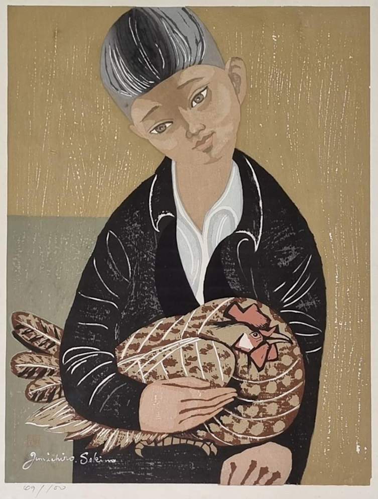 Boy and His Rooster [3] - Sekino Jun'ichiro  Catalogue woodblock print