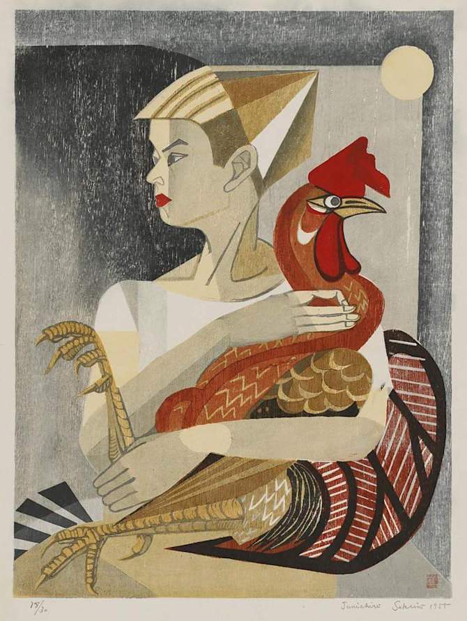 Boy and His Rooster [Sekino's Son Junpei] - Sekino Jun'ichiro  Catalogue woodblock print