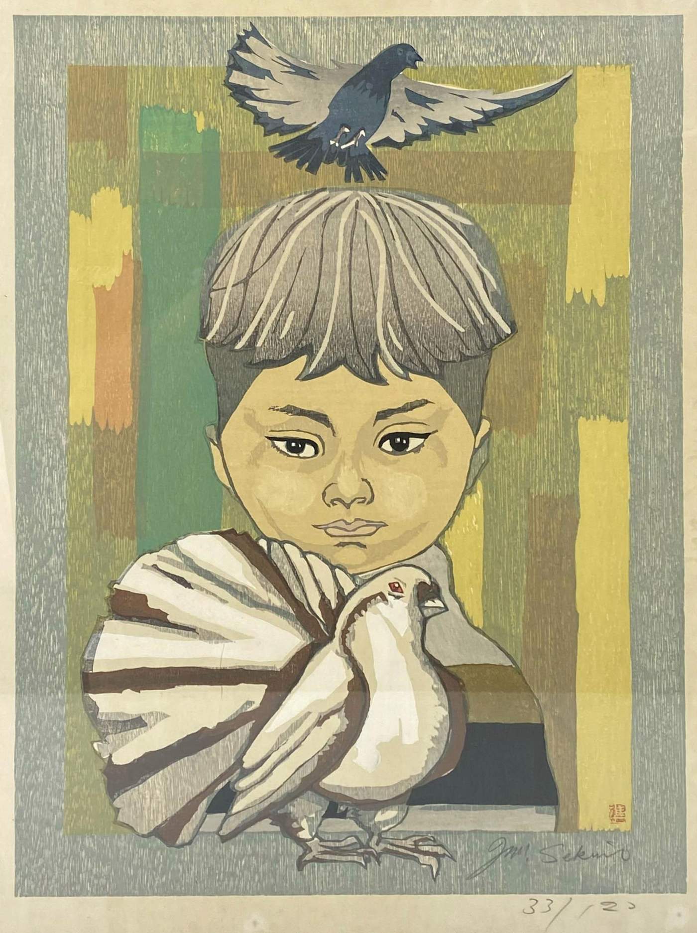 Boy and Pigeon (Daytime) - Sekino Jun'ichiro  Catalogue woodblock print