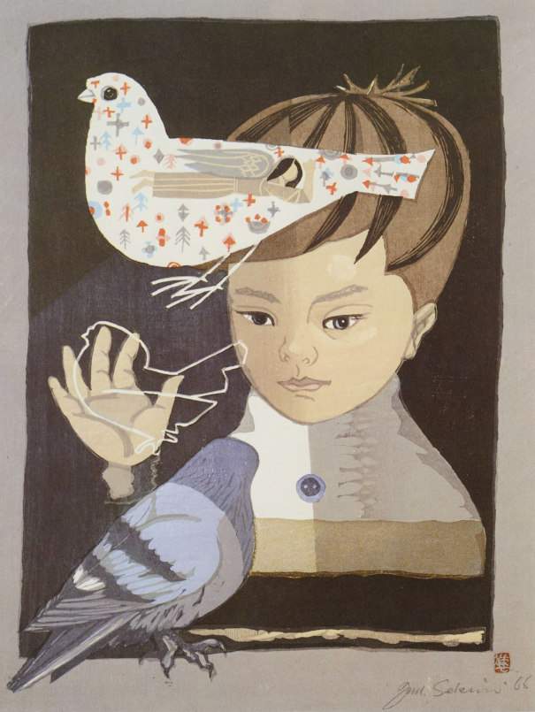 Boy and Pigeon (Evening) - Sekino Jun'ichiro  Catalogue woodblock print
