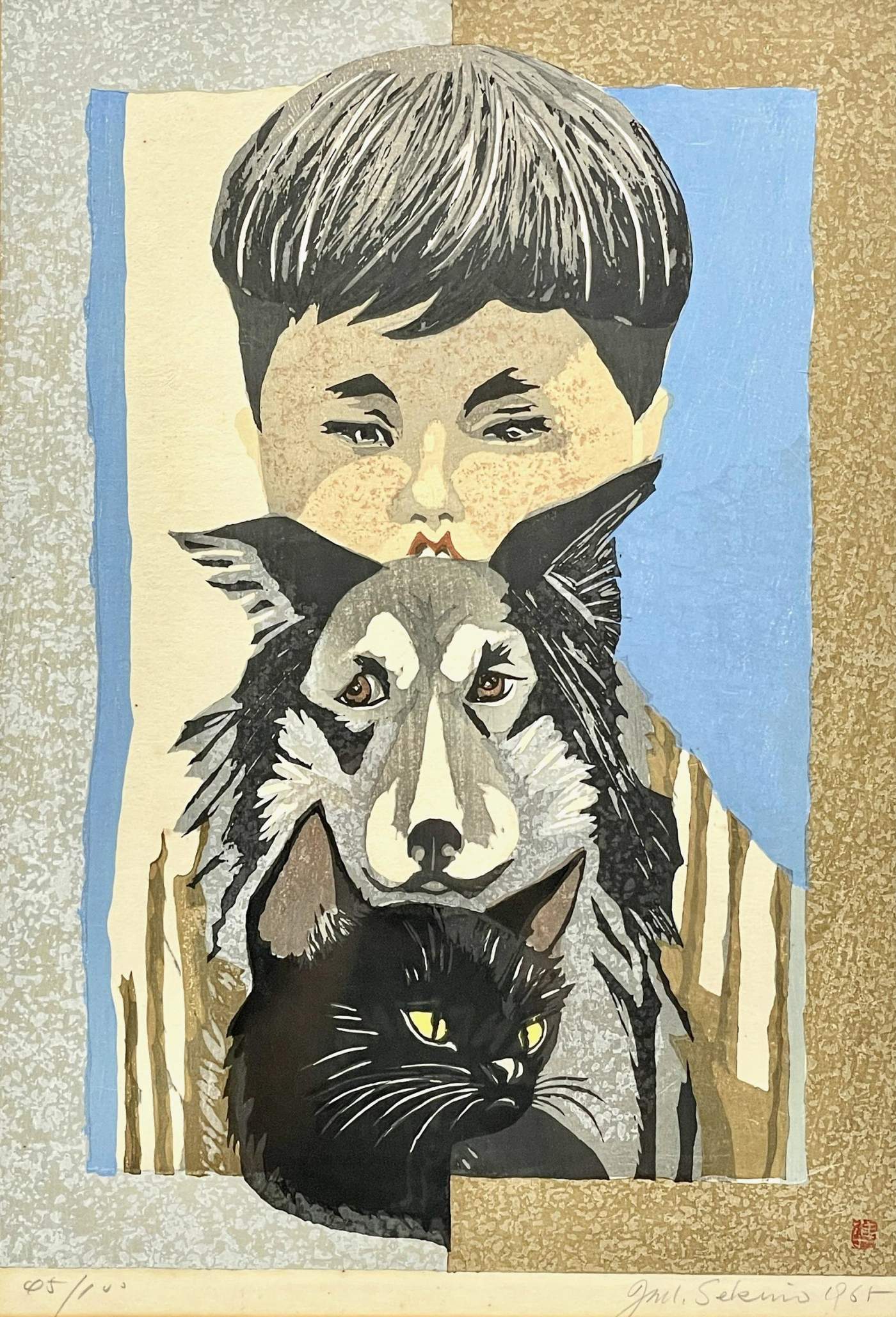 A Boy, Dog and Cat - Sekino Jun'ichiro  Catalogue woodblock print