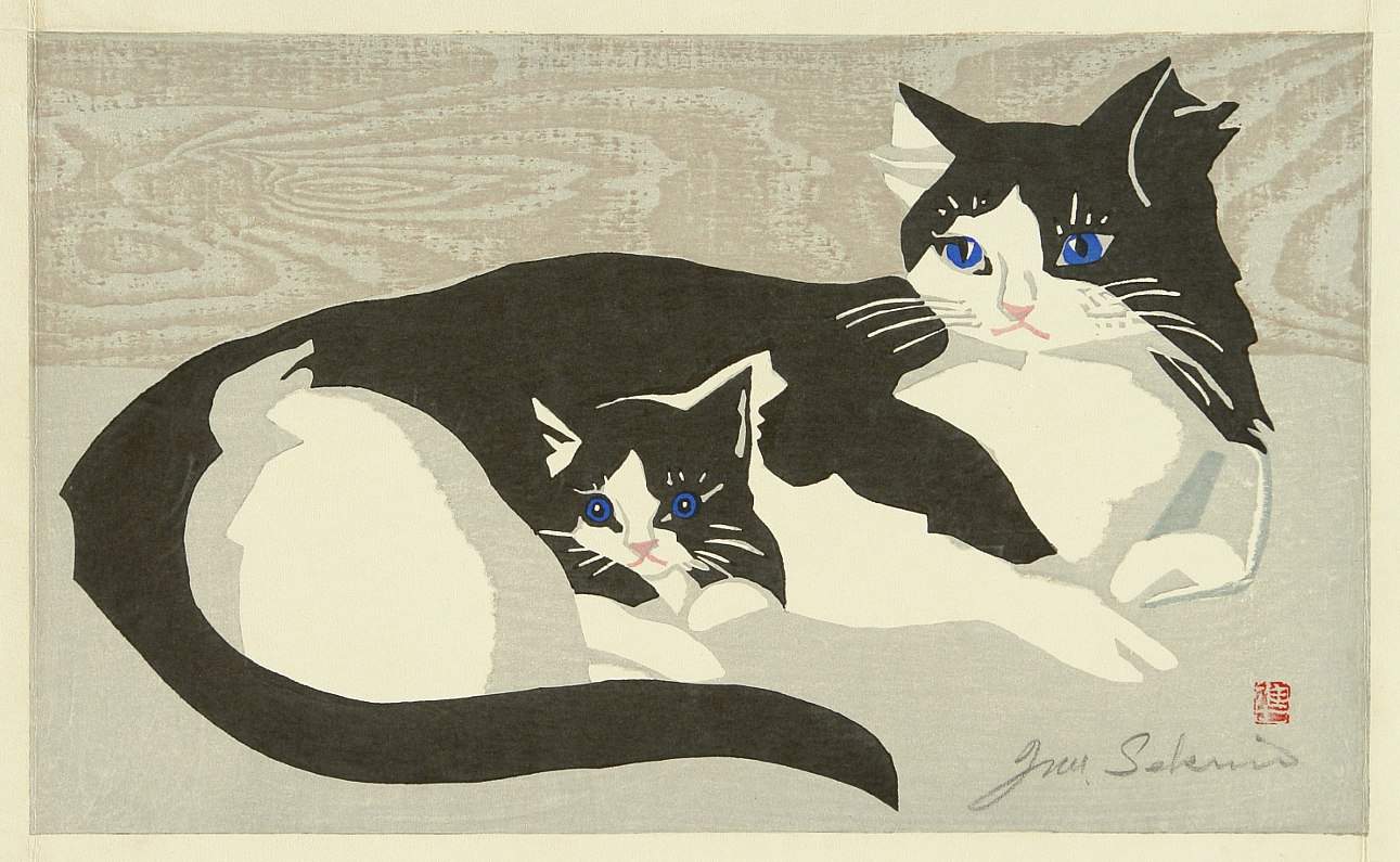 [Cat and Kitten] - Sekino Jun'ichiro  Catalogue woodblock print