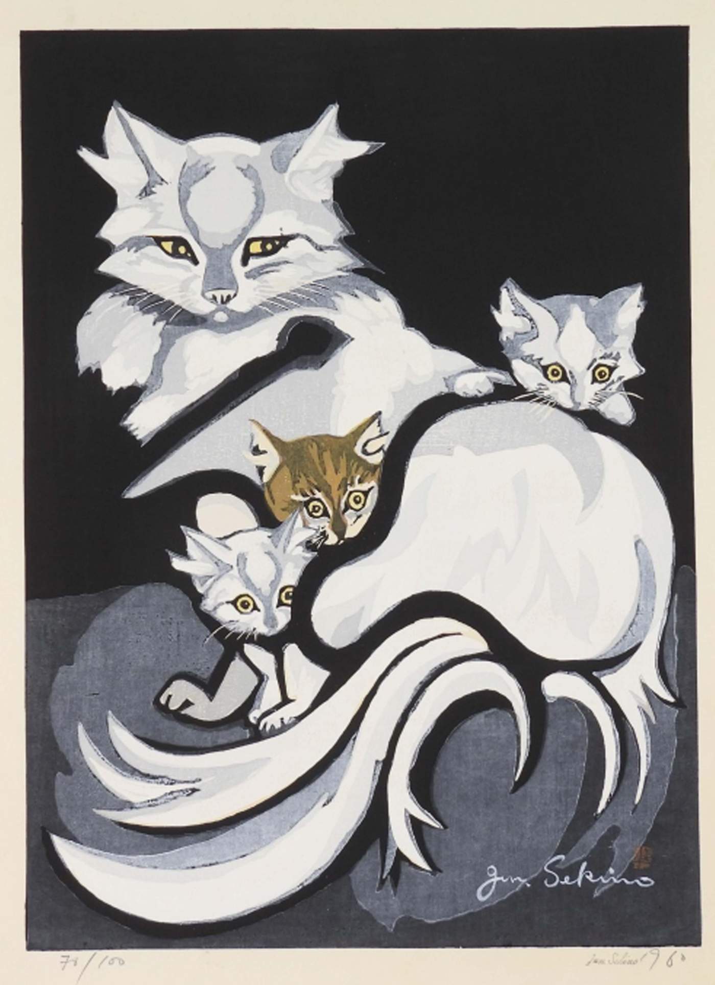 Cat and Three Kittens - Sekino Jun'ichiro  Catalogue woodblock print