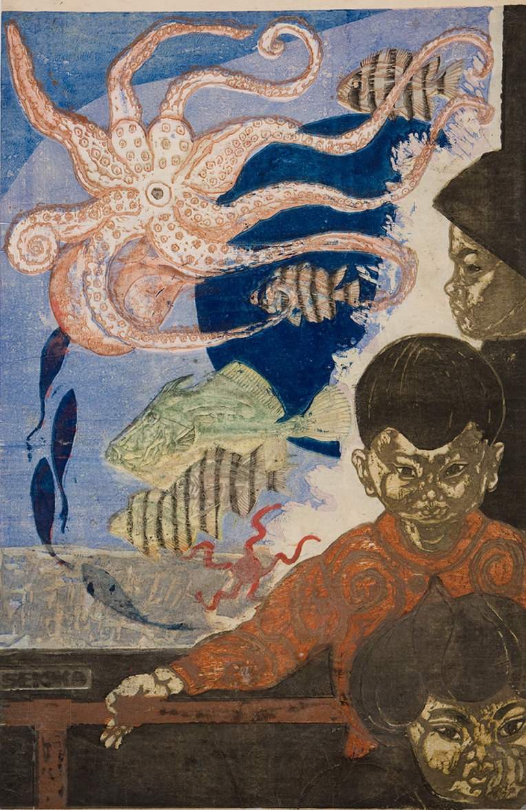 [Children at Aquarium] - Sekino Jun'ichiro  Catalogue woodblock print