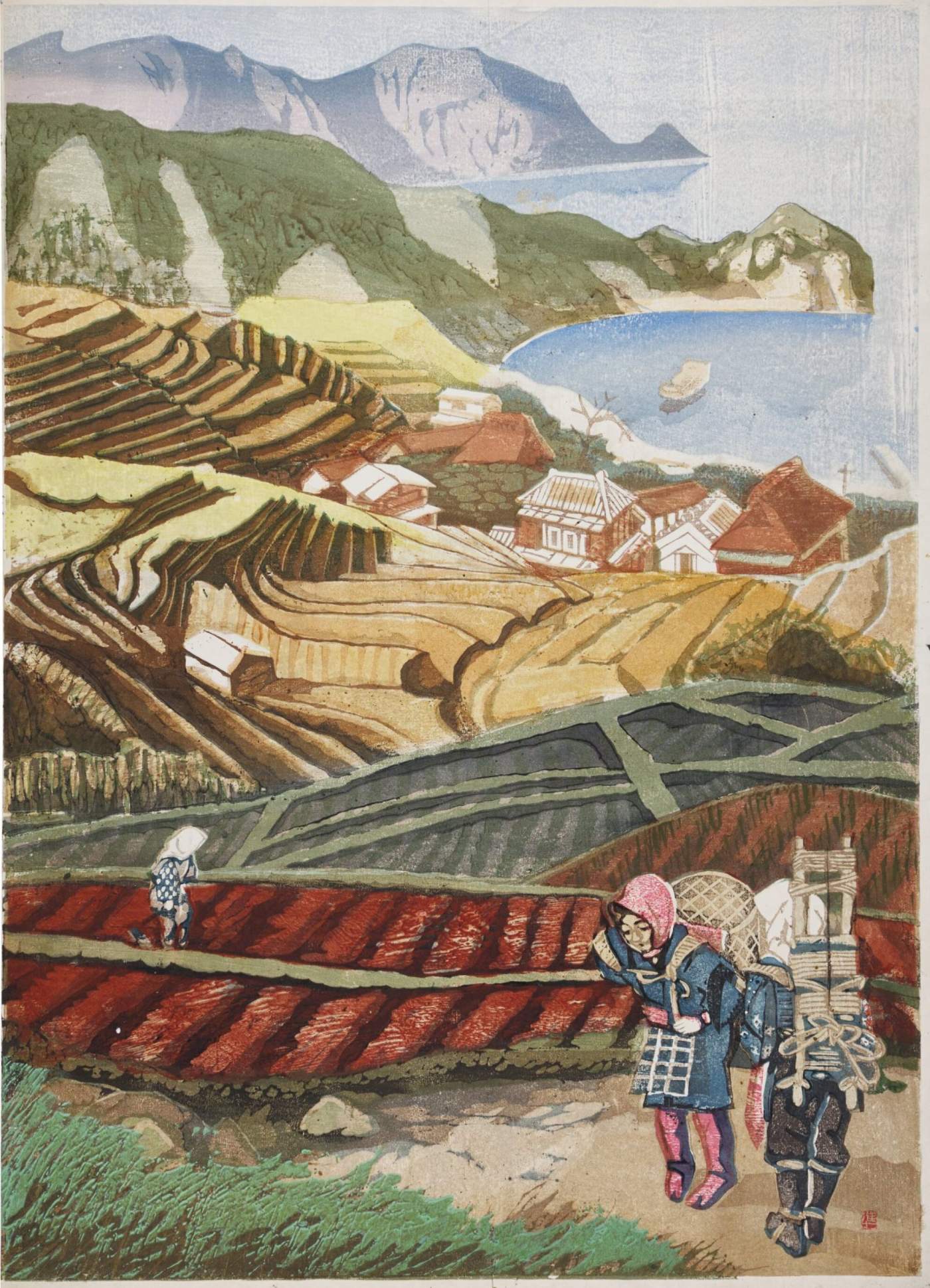 [Fishing Village] - Sekino Jun'ichiro  Catalogue woodblock print
