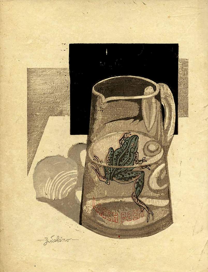 Frog in a Beer Glass - Sekino Jun'ichiro  Catalogue woodblock print