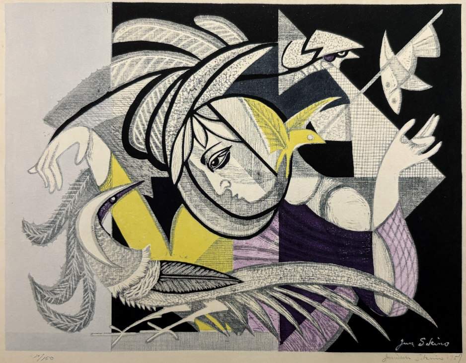 Girl and Birds - Sekino Jun'ichiro  Catalogue woodblock print