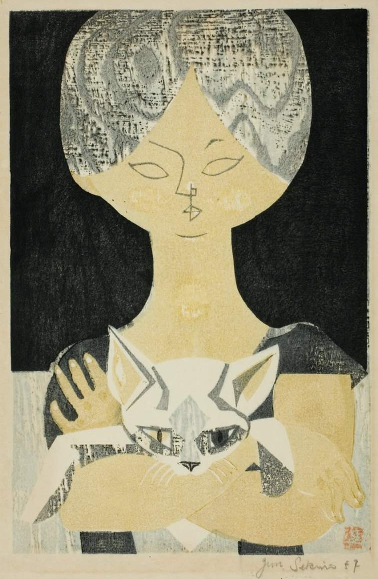 [Girl and Cat] - Sekino Jun'ichiro  Catalogue woodblock print